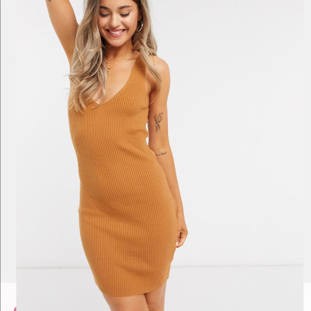 BRAVE SOUL Sleeveless Plunge Front Bodycon Ribbed Knit Casual Mini Dress